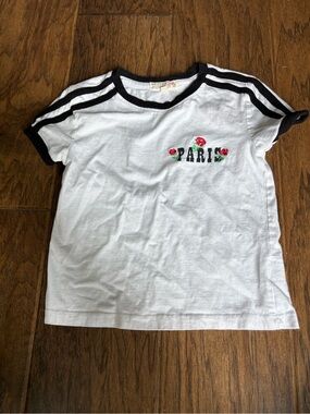 Girls White 'PARIS' Floral Embroidered Ringer Tee with Black Trim